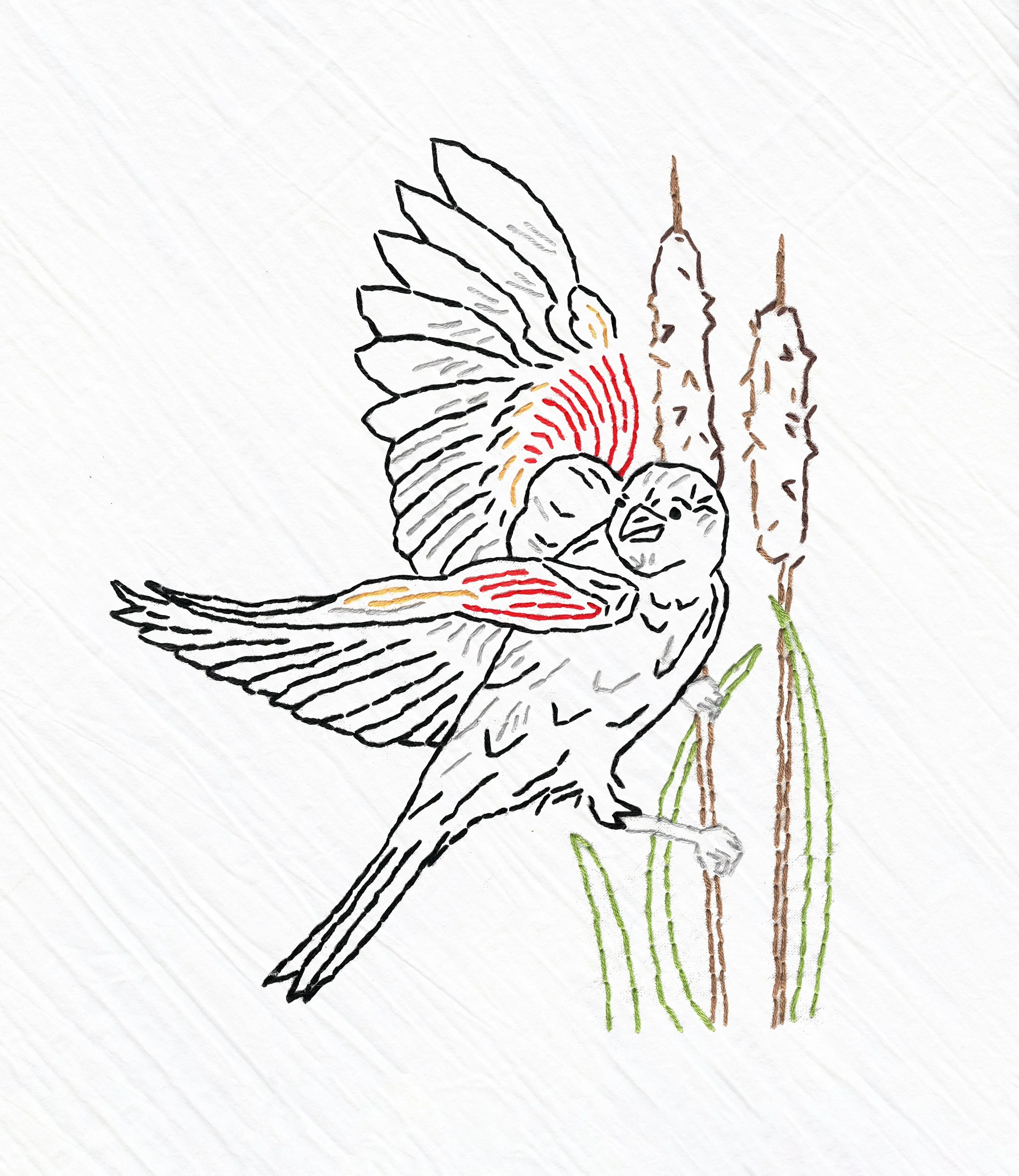 NEW! Red-Winged Blackbird Embroidered Whimsy Tea Towel Kit