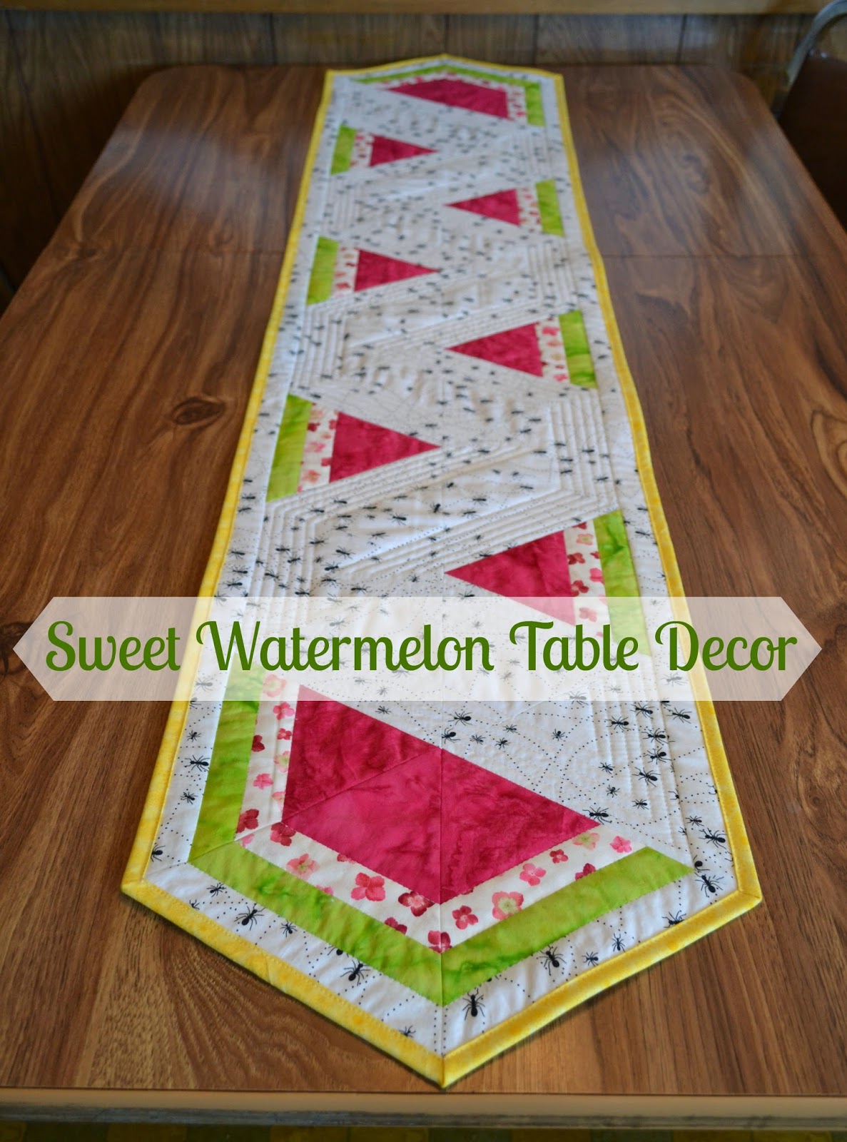 "Sweet Watermelon Table Decor" is a Free Table Top Quilted Pattern designed by Lorna of Sew Fresh Quilts from Sew Can She!