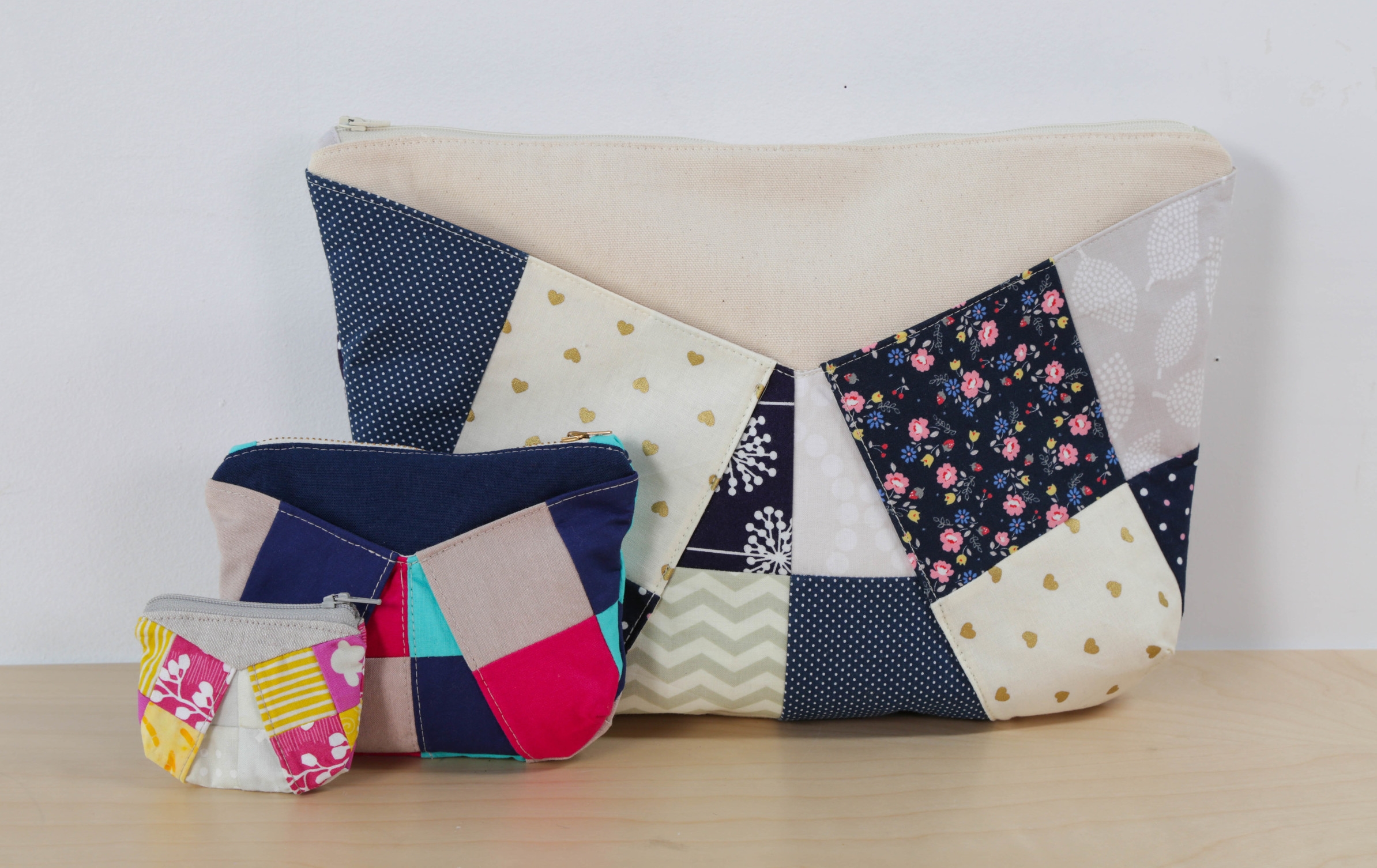 and then patchwork zipper pouches.