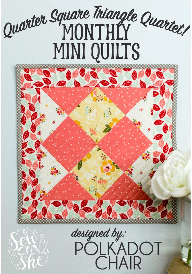 "The Quarter Square Triangle Quartet" is a Free Modern Mini Quilt Pattern designed by Melissa Mortenson of The Polkadot Chair from Sew Can She!