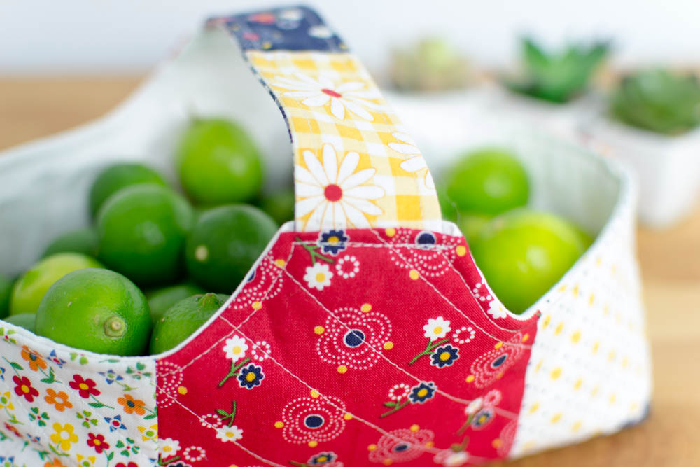 patchwork fabric basket with limes