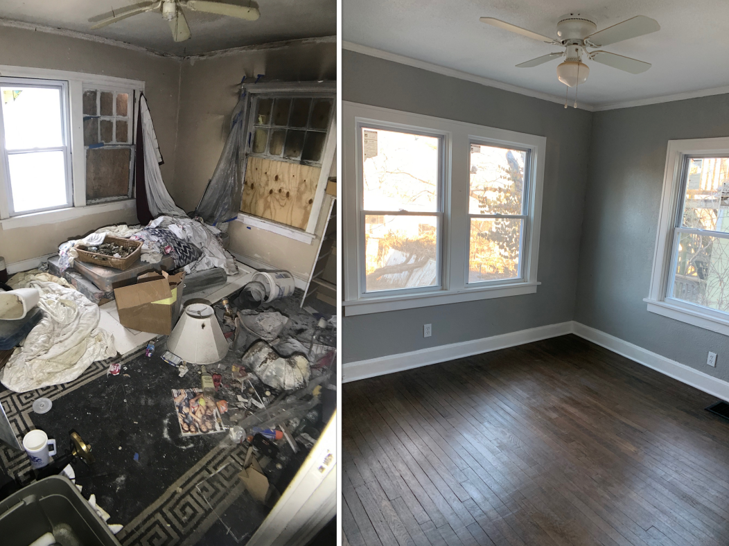 The before-and-after photos in a Broadmoor Road home restored by GT Home Solutions.