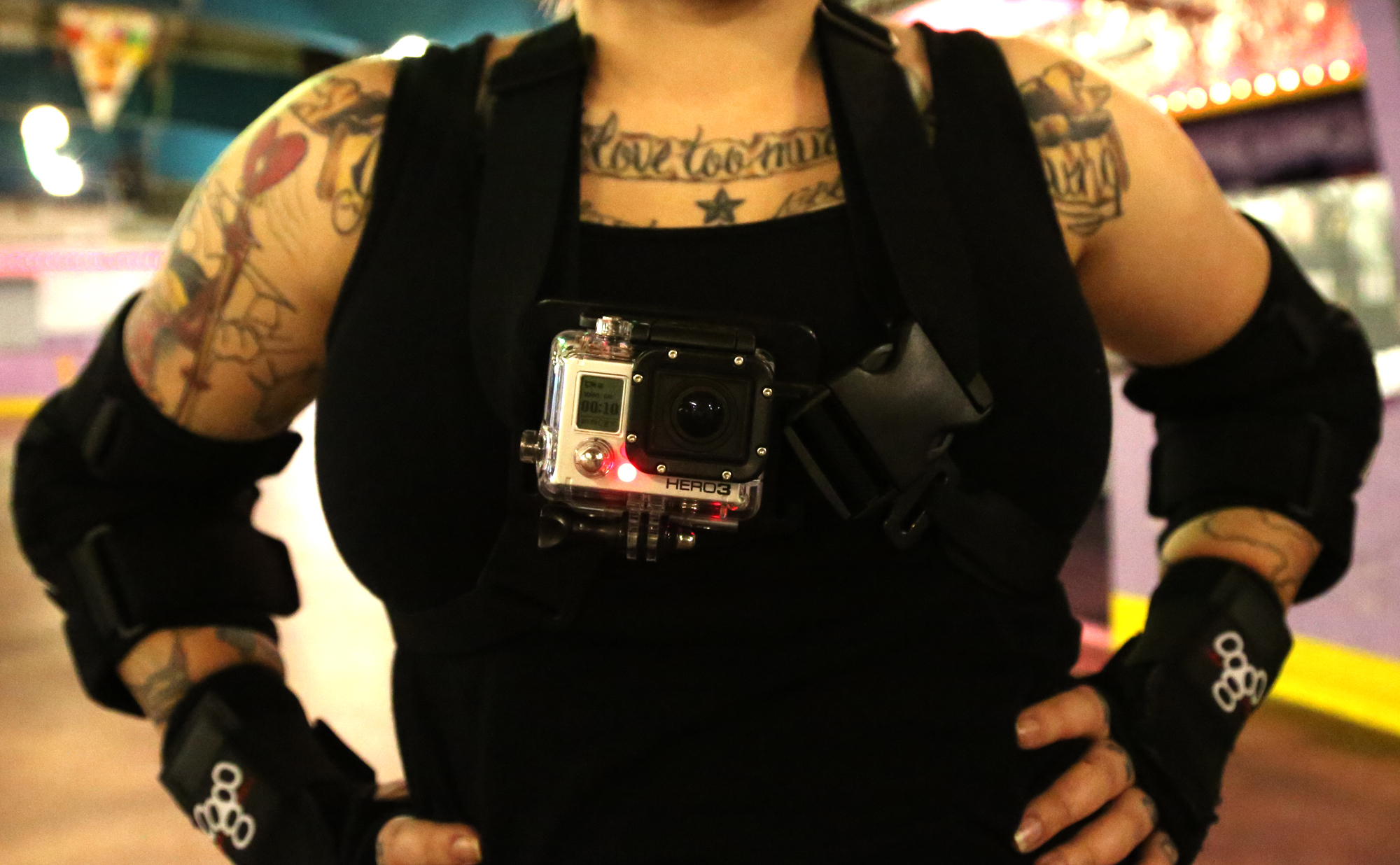 Derby woman wears GoPro on her chest during practice. 