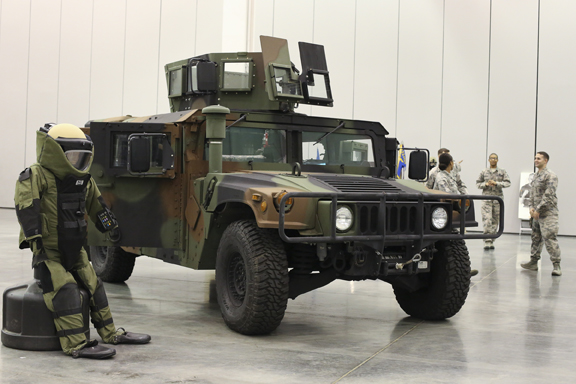The Langley Air Force Base 100th Anniversary Gala showcase a tactical vehicle Humvee and bomb suit at Hampton Roads Convention Center, Saturday, Sept. 17, 2016.