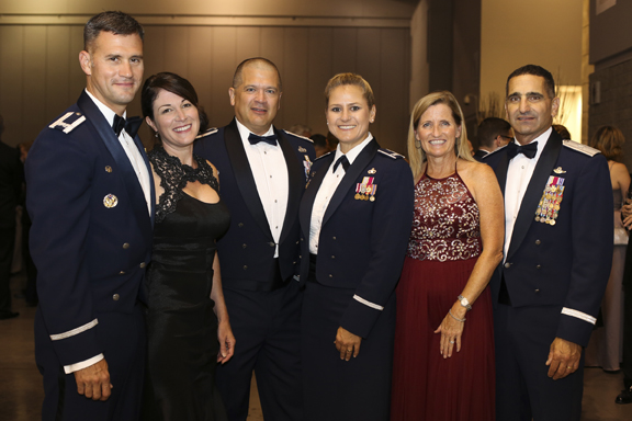 From left, 1st Fighter Wing Col Pete Fesler, Jeannine Fesler, Retired Col Rich Miller, 633 Air Base Wing Commander Col Caroline Miller, Kim Nahom, Deputy Director, Plans and Programs of Air Combat Command Gen David Nahom are at Langley Air Force Base 100th Anniversary Gala, Hampton, Saturday, Sept. 17, 2016.