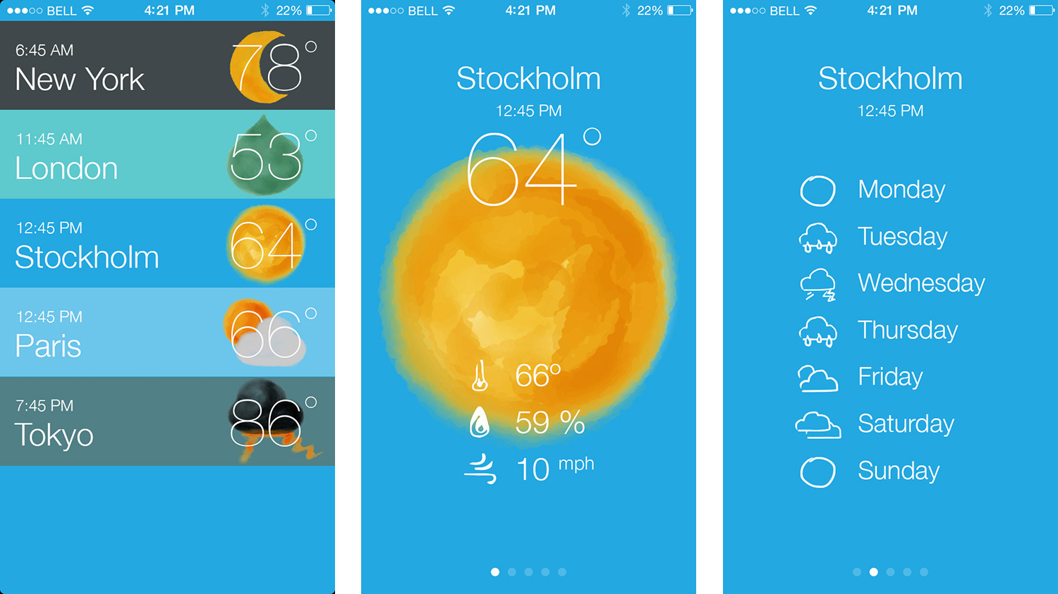 Reimagining Apple's Weather App for iOS7. UI mockups.