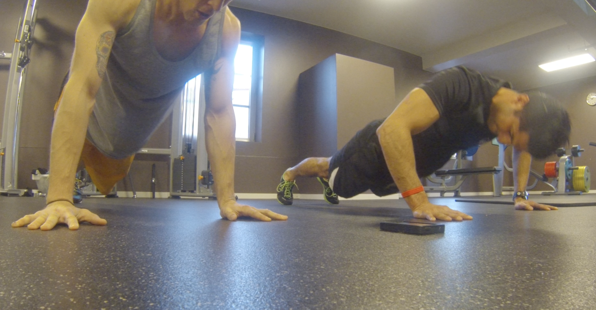 Fellow Fresh trainer Rasa Mojdehi and I doing the 4 minute push-up test . 100 seems like an easy goal til you actually try it... . 