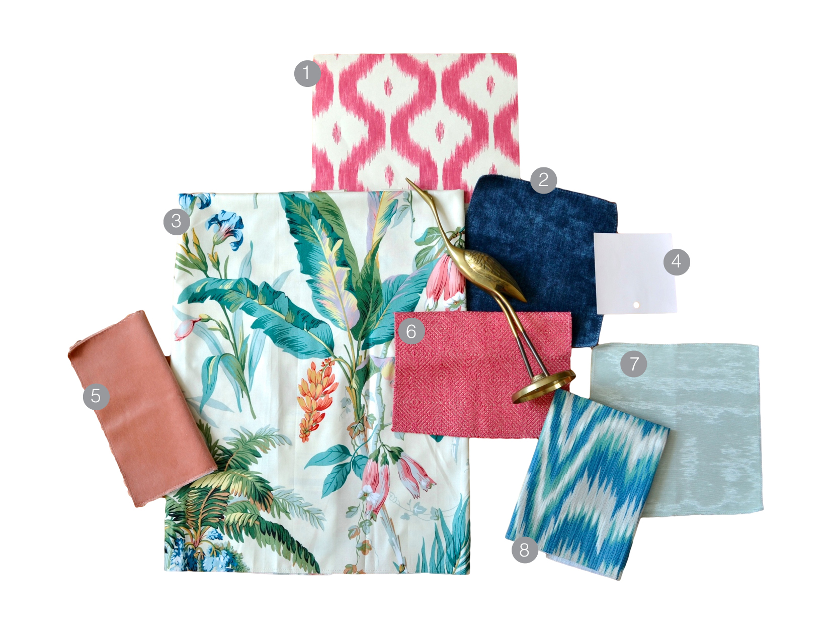 1. pink ikat wallpaper | 2. blue-green chenille | 3. palm print | 4. ben moore white blush | 5. peach velvet | 6. pink herringbone | 7. mint moire | 8. blue flamestitch