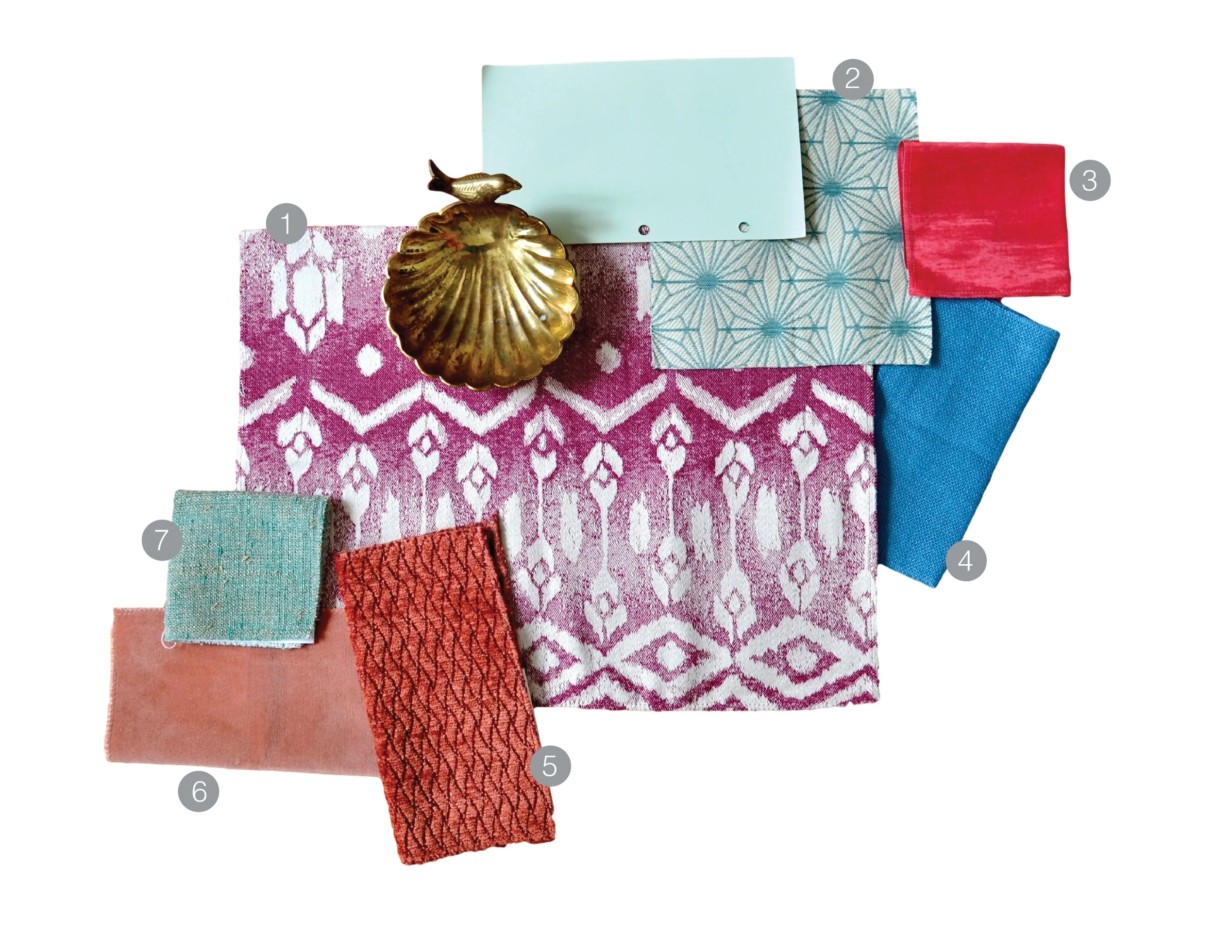 1. Magenta Ikat | 2. Teal Geo | 3. Pink moire | 4. Blue linen | 5. Coral chenille | 6. Pink Velvet | 7. Teal textured