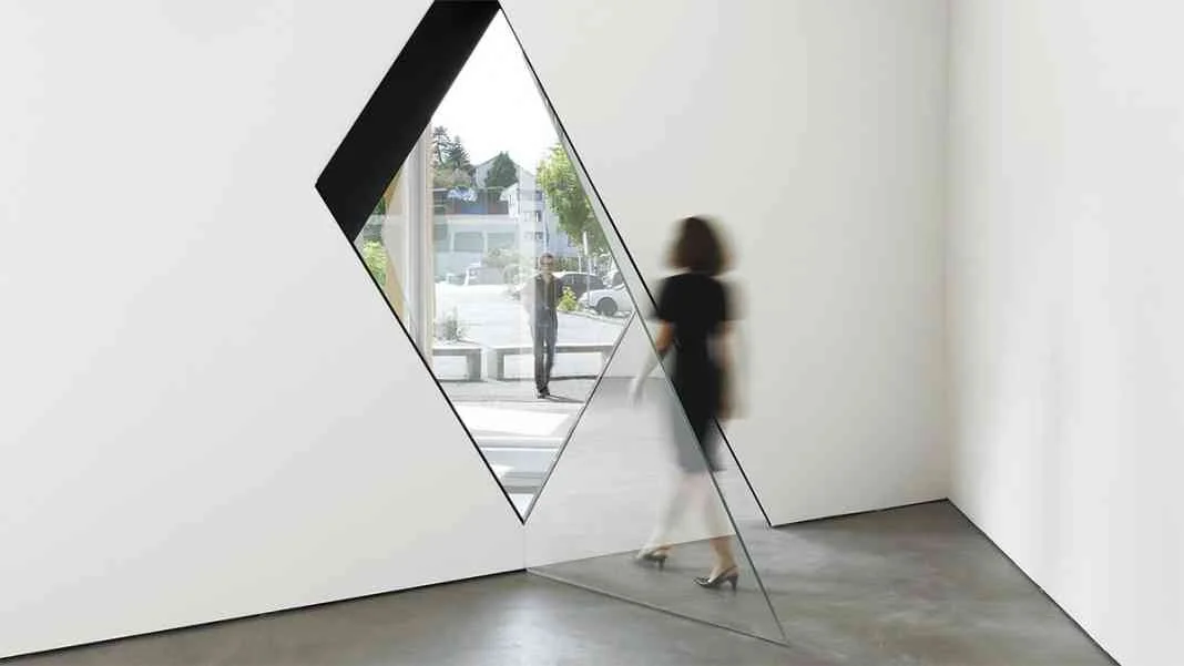 Image: Sarah Oppenheimer, 33-D, 2014. Aluminum, glass and architecture. Total dimensions Variable. Installation views: Kunsthaus Baselland, 2014. Photos © Serge Hasenböhler.