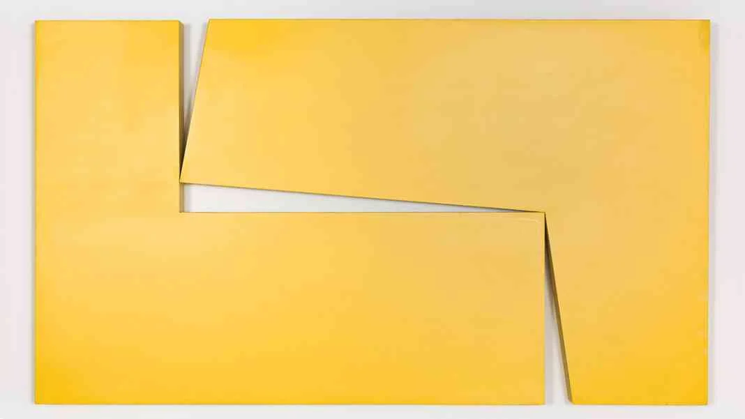 Image: Carmen Herrera, Amarillo "Dos" , 1971 Acrylic on wood 40 x 70 x 3 1/4 in. Maria Graciela and Luis Alfonso Oberto Collection © Carmen Herrera