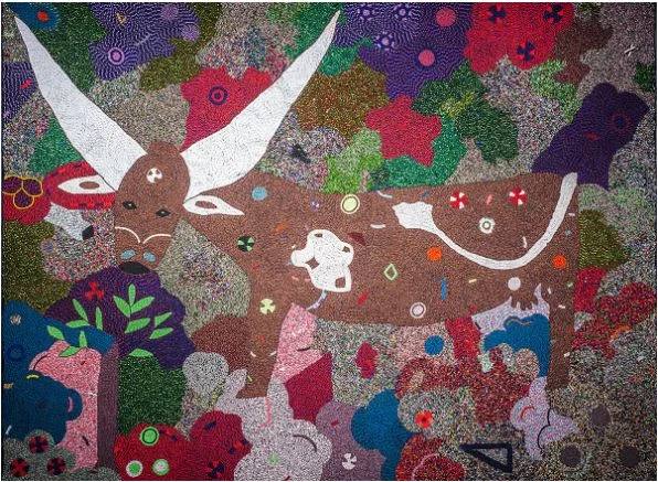 Image: Thando Ntobela, Ankoli Bull, 2013, Glass beads sewn onto fabric. Private Collection.