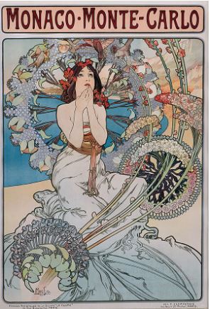 Image: Alphonse Mucha, Monaco, Monte Carlo, 1897, color lithograph on paper, 29.25 x 42.25 inches.