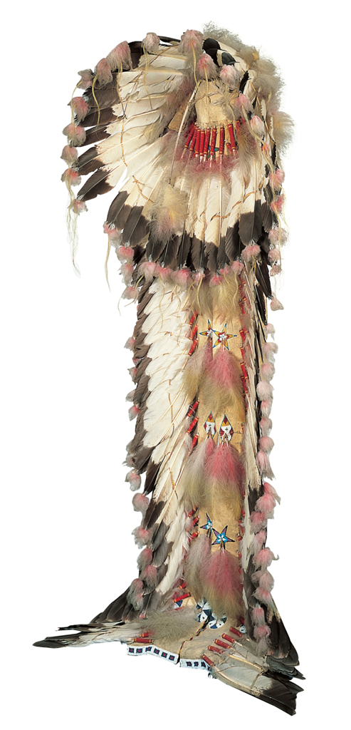 Lakota artist. South Dakota. Eagle feather bonnet, about 1900. Eagle feathers, tanned deer hide, glass beads, horsehair, ermine, wool cloth. 81 1/2 × 31 1/2 × 27 in. (207 × 80 × 68.6 cm.) (installed). Museum purchase Conservation funded by The Alliance of The Speed Art Museum, 1999 1937.68.1