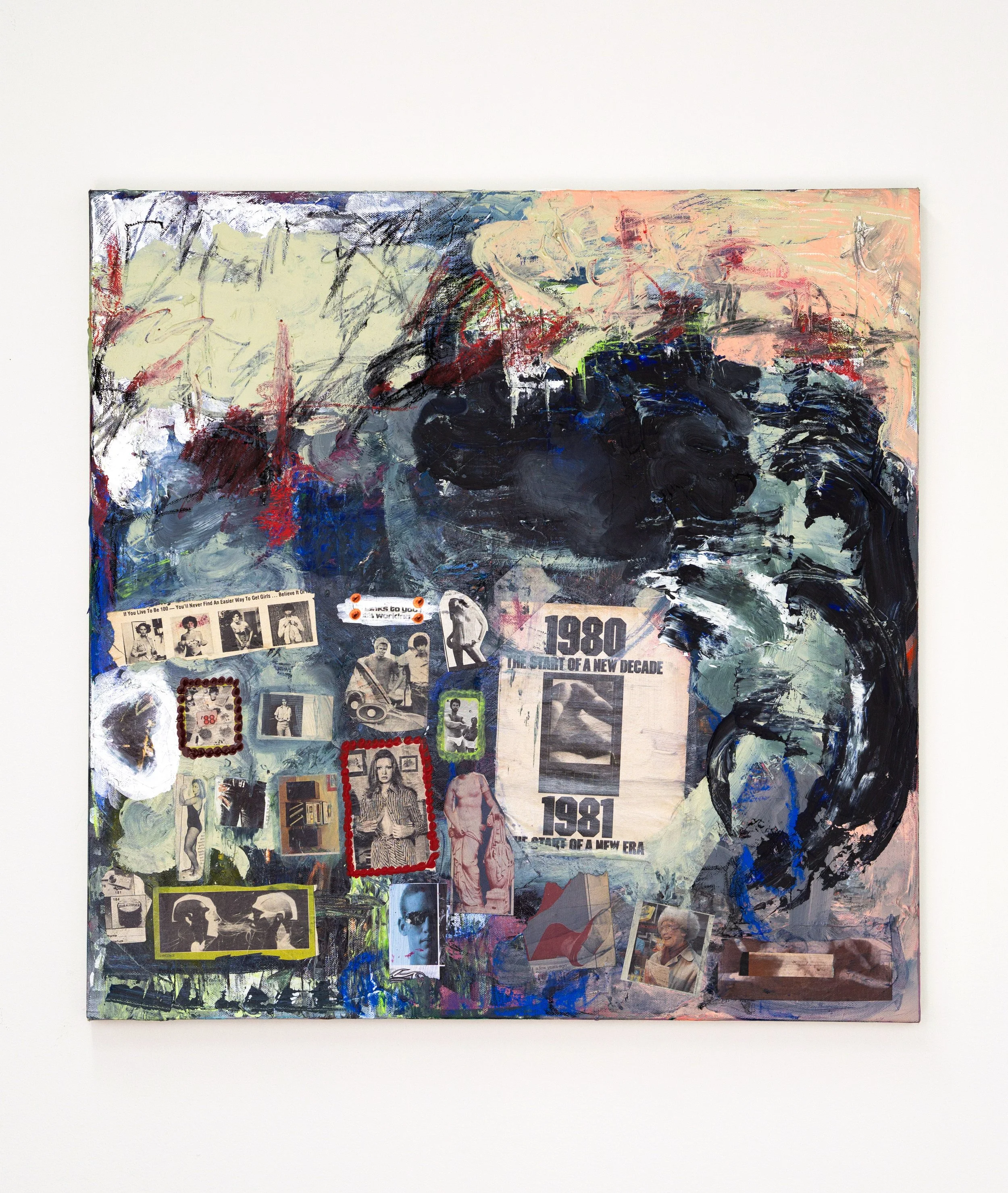 Thanks To You Its Working, 2024. acrylic, pastel, newsprint, repurposed vintage magazine stock, canvas 24 x 24 inches .jpg