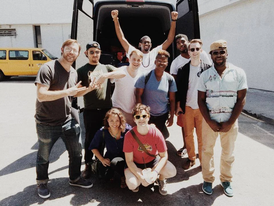 The whole gang, smiley and giggly at the start of tour. 