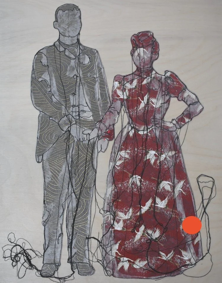  L'Alliance  Collage, papier cousu, fil sur panneau de bois  Collage, thread sew on paper , wood panel  2020  20 po x 16 po  50 cm x 40 cm  Vendu/Sold via la Galerie Bloom&nbsp;   