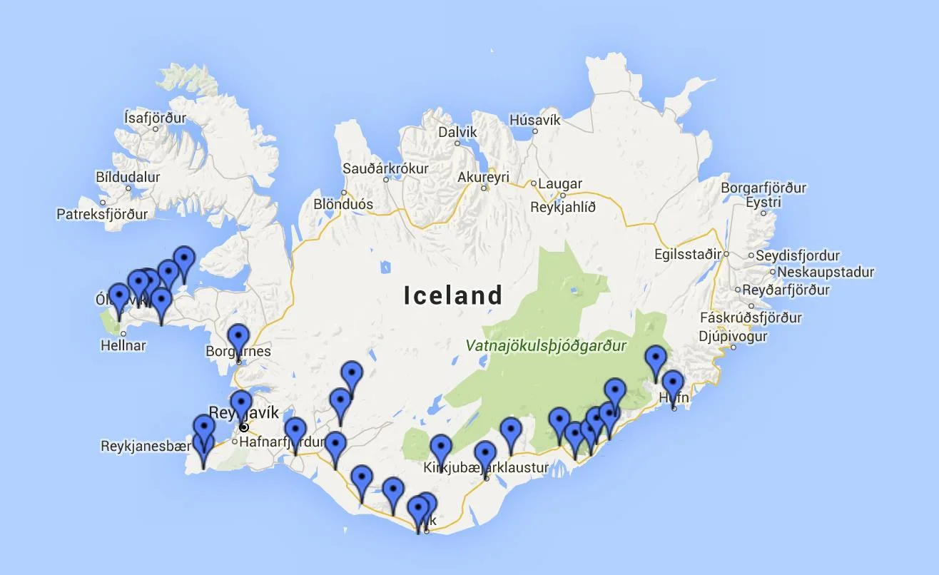 Our stops as we went forth and back across Iceland. 
