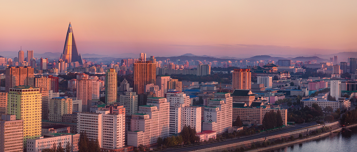 Early morning with the towering Ryugyong Hotel
