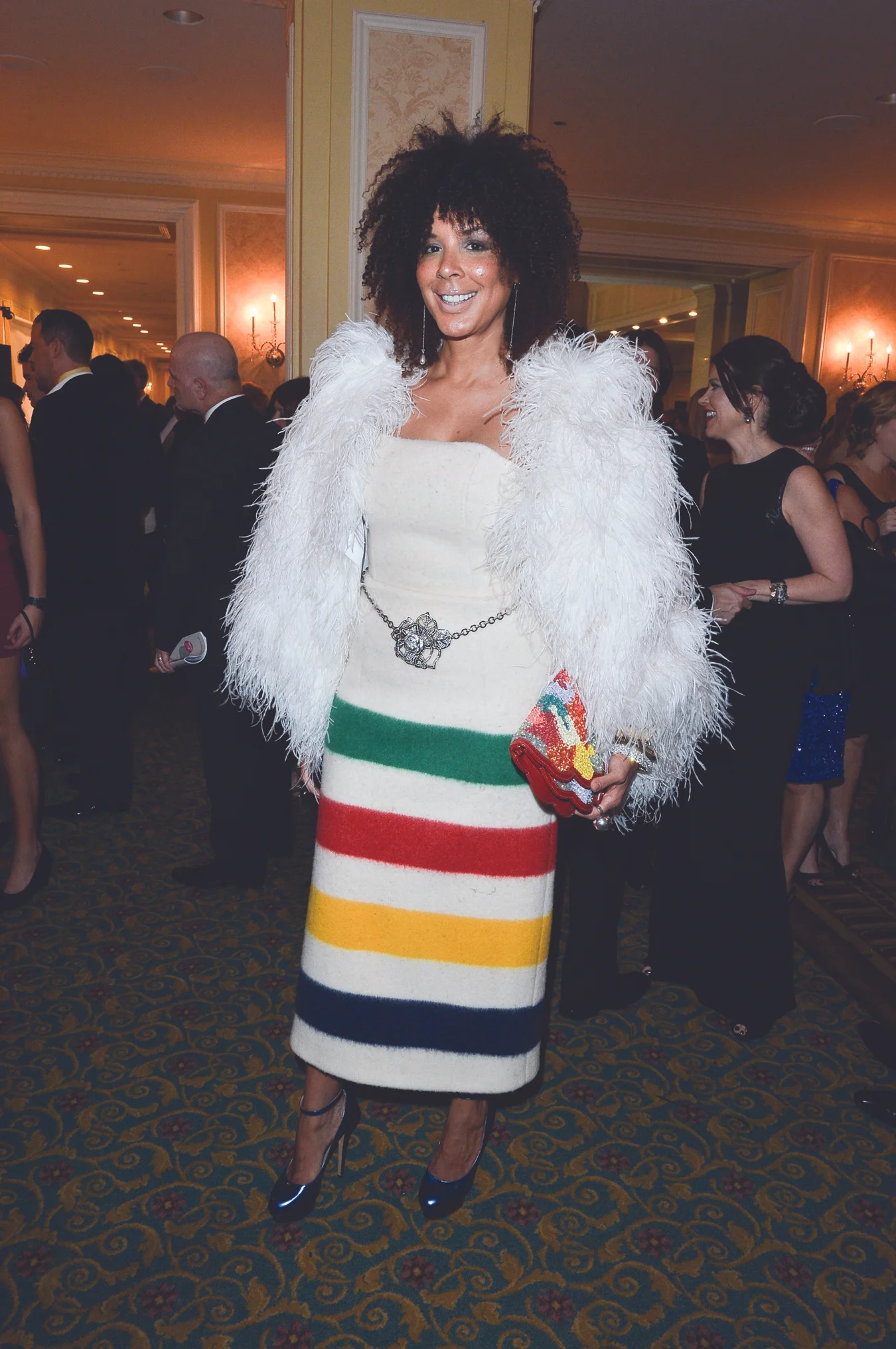 Izzy Camilleri Hudson Bay blanket dress, Wayne Clarke ostrich chubby, Valentino chain belt, Ashish beaded clutch, Charlotte Olympia heels. At the Mirror Ball.