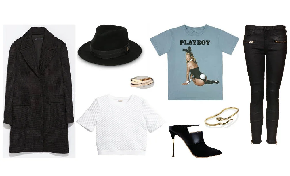 Zara coat | Goorin Bros. fedora | Kate Moss Playboy tee | Topshop jeans | Jenny Bird palm cuff | Nicholas Kirkwood mules | H&M top | Cartier trinity ring