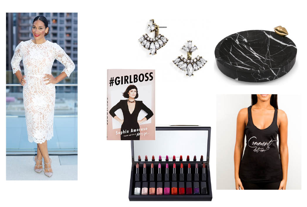 Mariposa Ear Jackets $32. I have a few pairs of these interesting earrings which are like a hybrid between an ear cuff and a traditional earring. I get the most compliments when I wear them and for $32 you can buy one for yourself and your friend and not feel super bad about it... GirlBoss by Sophia Amoruso $28. I forever have my nose in a book and it's because I haven't had a chance to read this highly buzzed book by Nasty Gal founder Sophia Amoruso that it's high on my list. From what I hear it's a great read that inspires empowerment which would make it an equally interesting gift to give. Medium Liaison Catch All Dish $350. I'm the worst at putting my jewelry away at night and though a sweet little dish like this would be ideal to sit on my bedside to collect said jewels, I probably would never get around to buying it for myself thus making it the perfect gift for me.... Plus I know three people I would also love to gift it to. Double plus, Kelly Wearstler is a dream. NARS Vault $600. Being a lipstick and nail polish fiend, this NARS 'Vault' is the ultimate. I actually saw it in real life and almost instantly snapped it up for myself - it's that stunning - but the $600 price tag put it solidly back on my 'wish' list. Coco & Cowe T $40. Last but not least, what's better than giving something that you've made? We've created a small collection of t's and tanks and our first release reads: Comment dit-on on the front and on the back spells out all of our favorite designer's names phonetically, because, let's face it, some of them can be more than a little tricky! We love seeing our friends wear our work so it's a win, win. Plus they're super soft and comfy...