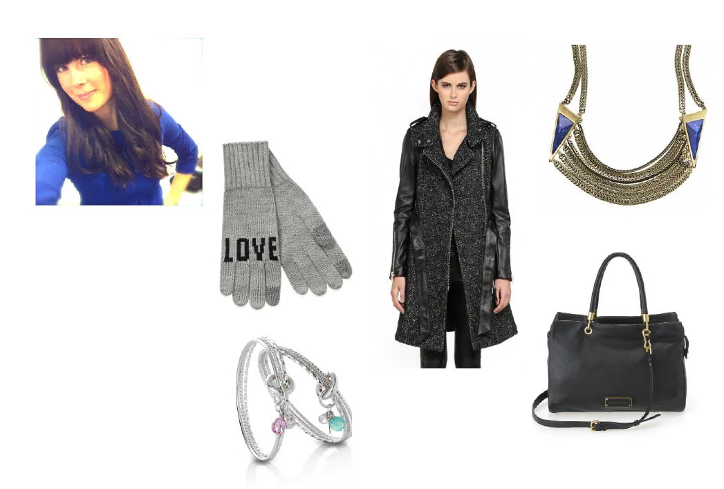 La Notte "Nicoli" Gloves $22 at Aritzia. Mackage Wool Trench with Leather Sleeves $750. Jenny Bird "Frida" Collar $150. Marc Jacobs "Too Hot To Handle" Tote $528. Erin Tracy Charm Bangle $140.