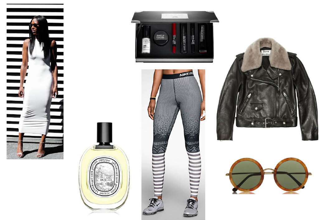 Makeup Forever Beauty Kit $30. Acne Shearling Trimmed Leather Biker Jacket $1950 at Net-a-Porter The Row Round Frame Acetate Sunnies $445 at Net-a-Porter. Nike Hyperwarm Engineered Tight $70. Diptyque Eau Duelle Perfume $125.