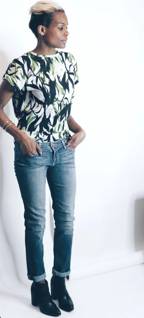 A muted floral top with boyfriend jeans and boots fits within the tomboy aesthetic that I love. top & boots at Winners | Paige Denim jeans | DK Jewellery bracelet 