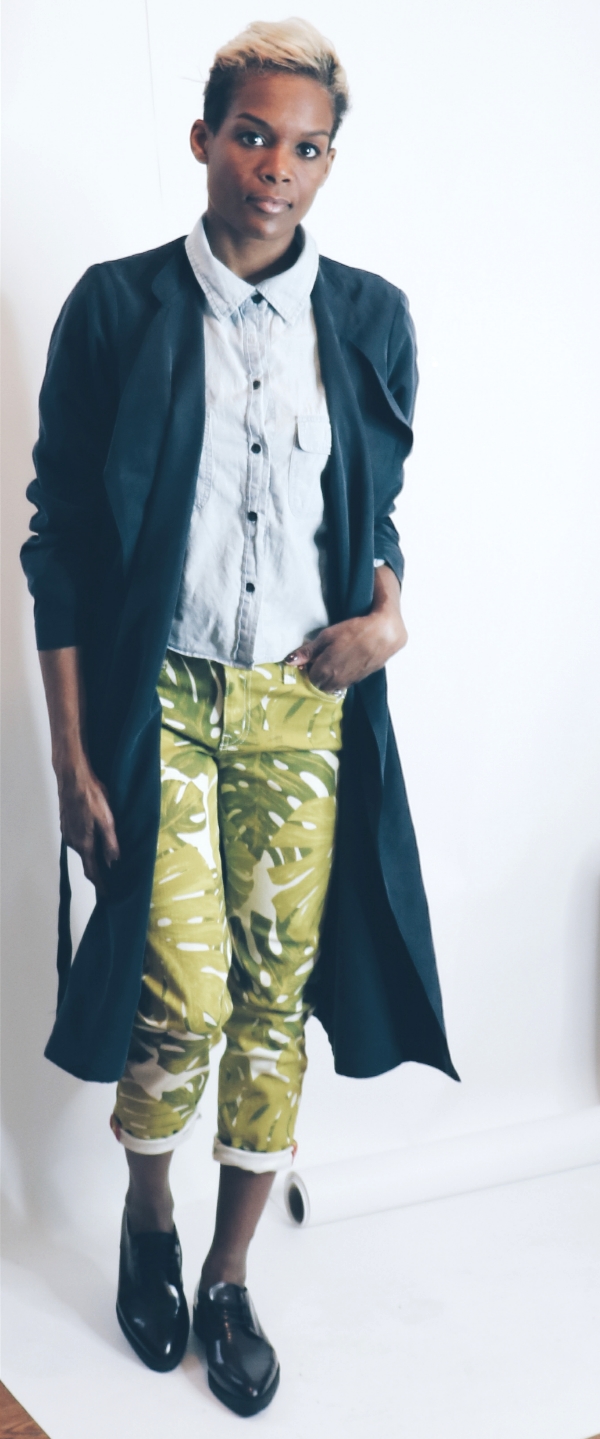 I like a dressed down approach to patterned pants but a loose sweater and heels would also work. American Apparel jacket | Kate Spade jeans | shoes at Le Château