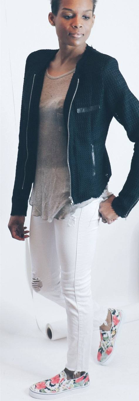 A printed slip-on sneaker totally changes an otherwise simple outfit. Paige Denim jacket | shirt from Aritzia | Fidelity jeans at Over the Rainbow | Vans shoes at Get Outside