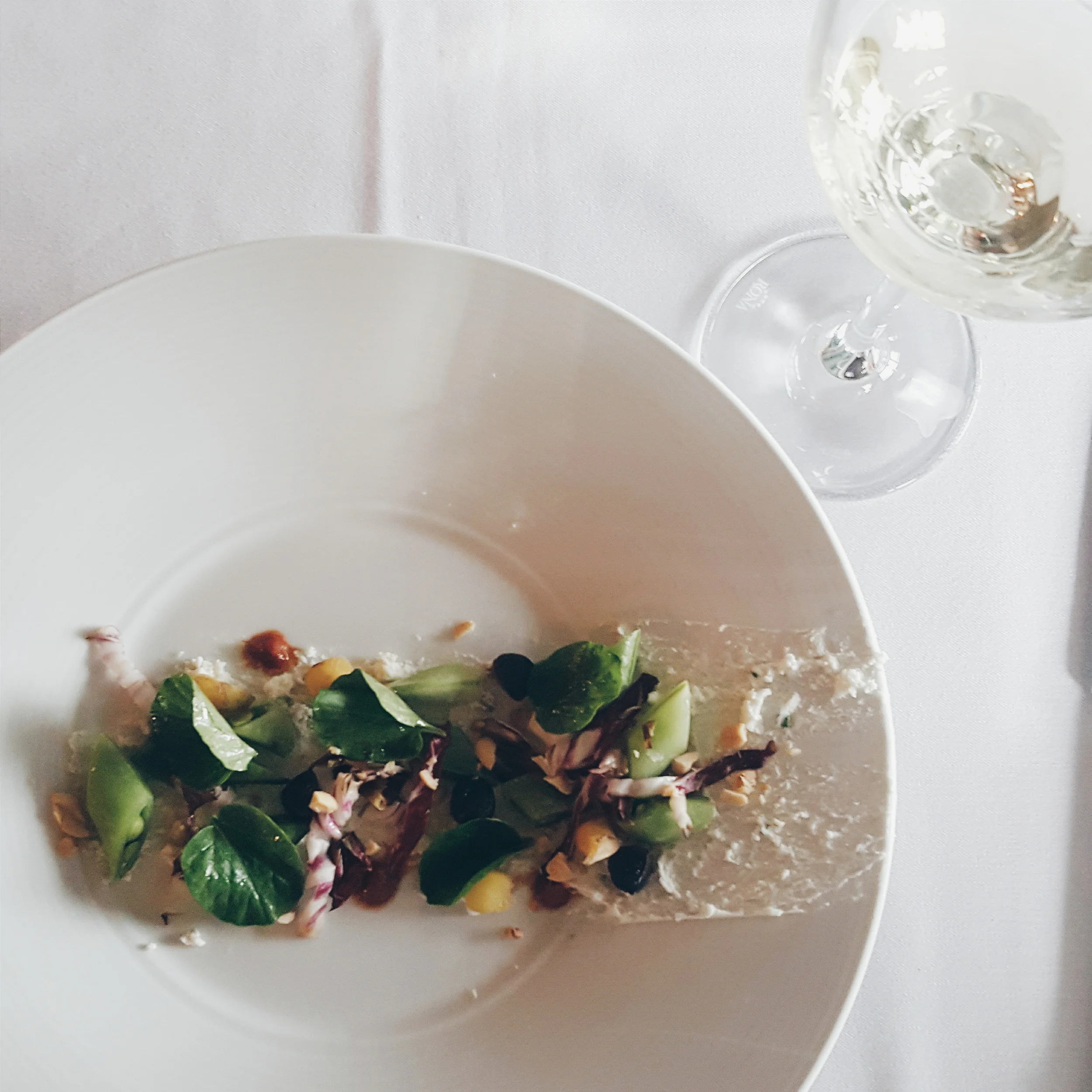 Mcleans Sweet Snap Peas, Carrot Pearls, Toasted Pinenuts, Grilled Raddicchio & Carrot Cider Vinaigrette. 