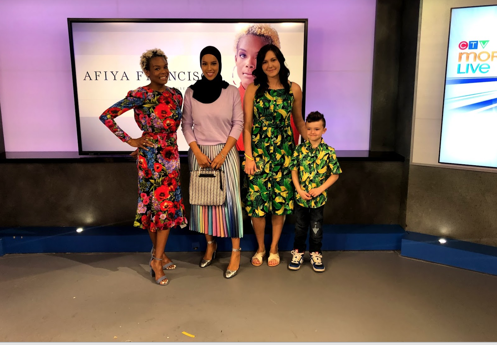 My look is a designer find from Winners, the iridescent skirt (that everyone was obsessed with) is also from Winners. The mother-son twinning look is Old Navy.