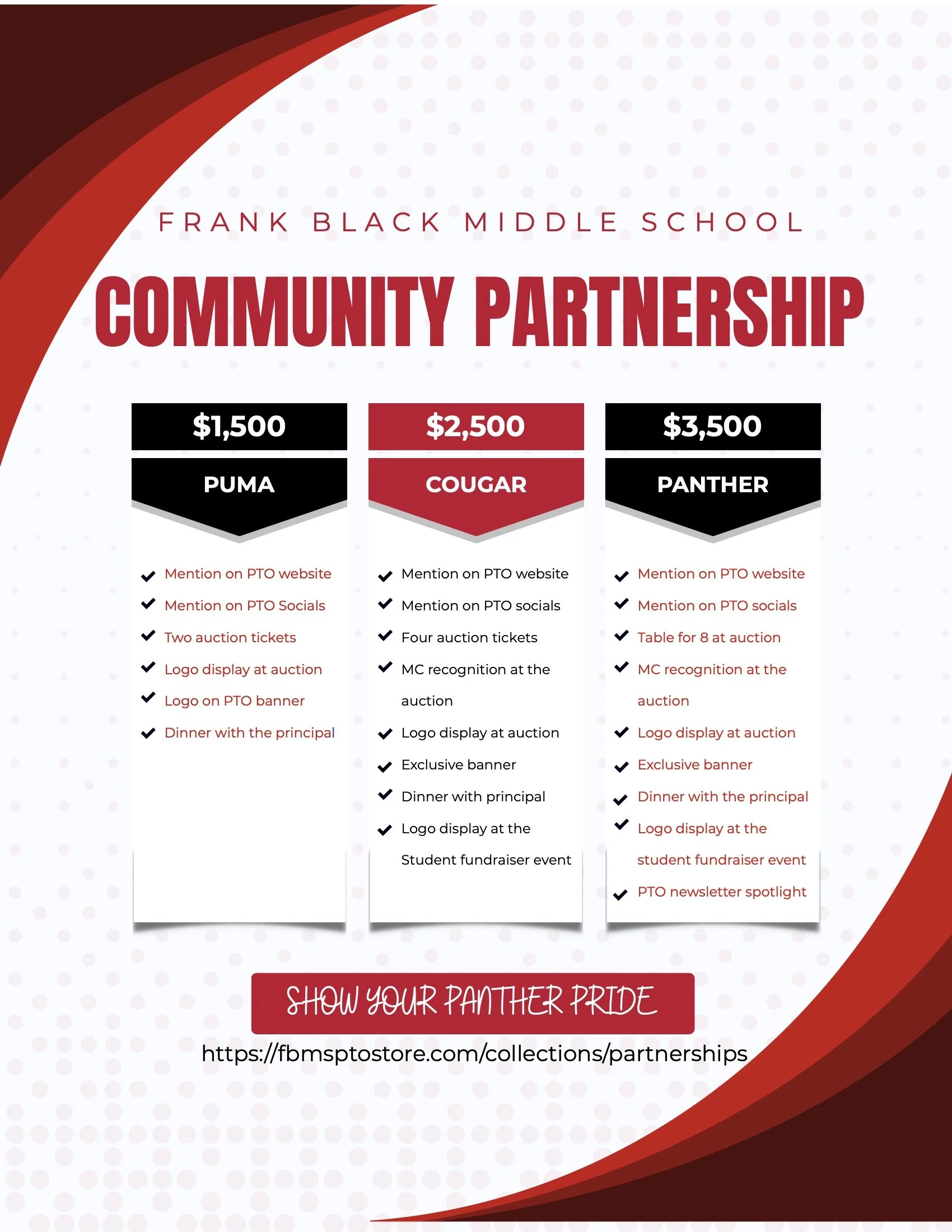 FBMS PTO Community Partnership levels 2026-27: Puma $1,500, Cougar $2,500, Panther $3,500. Benefits include PTO website and social mentions, auction tickets, logo display, dinner with the principal, and a newsletter spotlight.