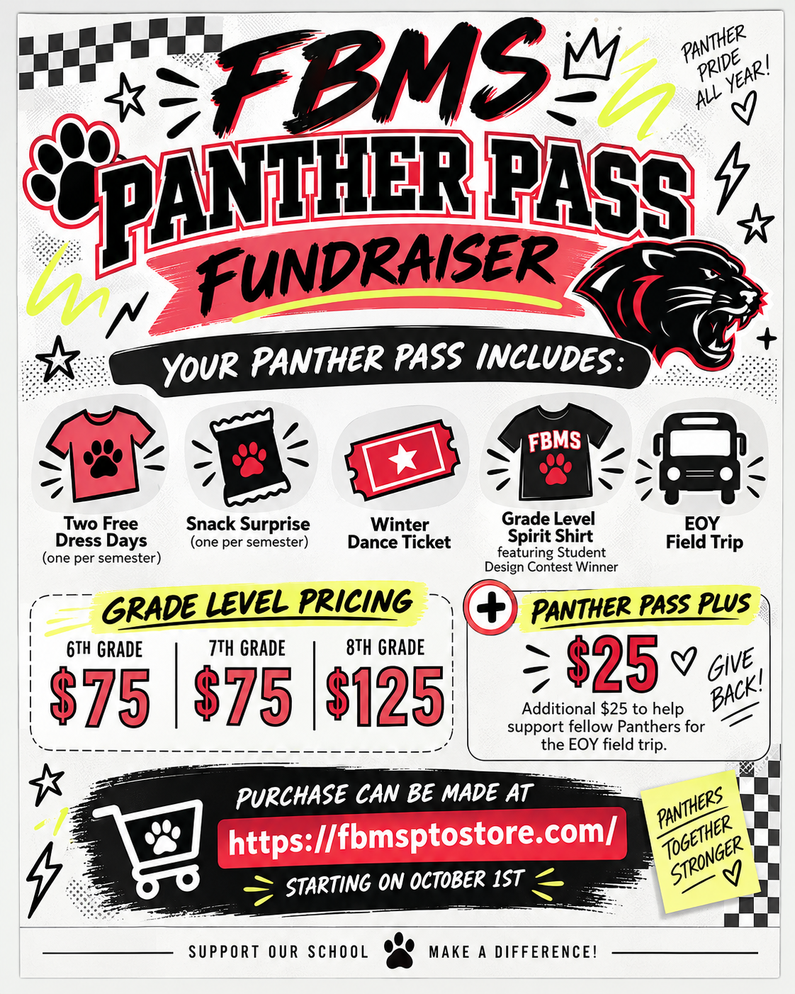 FBMS Panther Pass Fundraiser flyer: two free dress days, snack surprise, winter dance ticket, grade-level spirit shirt and EOY field trip. 6th and 7th grade $75, 8th grade $125. Buy at fbmsptostore.com