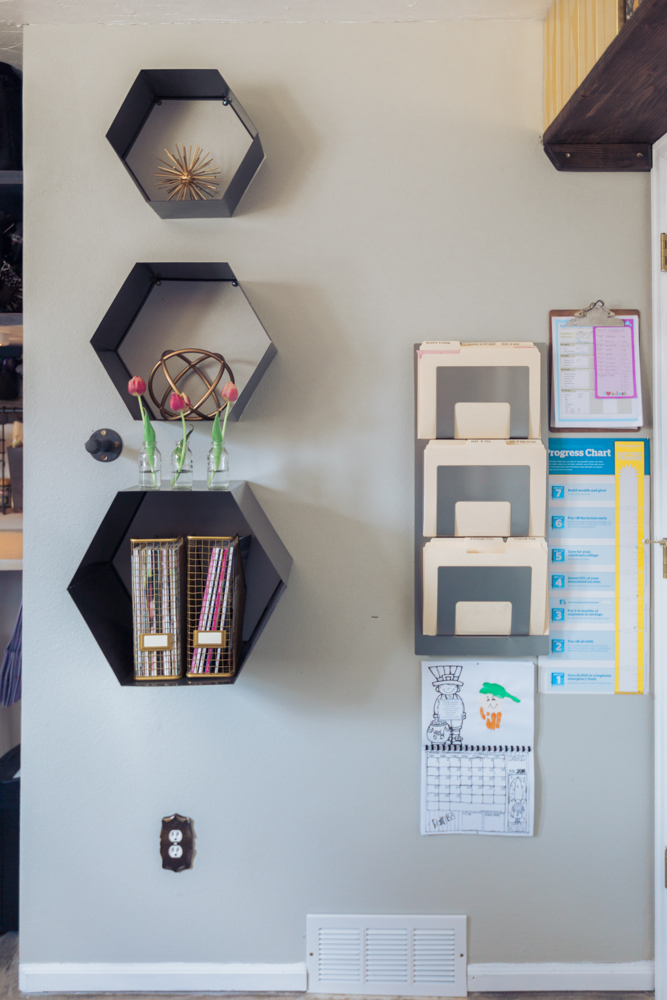 Wicked shelving I scored when the store Killer Rabbit in Fort Collins closed (insert sad face). Everything to the right isn't aesthetically pleasing to me but no more papers on the desks and it's all behind the door anyway. Shelf decor from Hobby Lobby, magazine storage from Target, file holder from Ikea. 