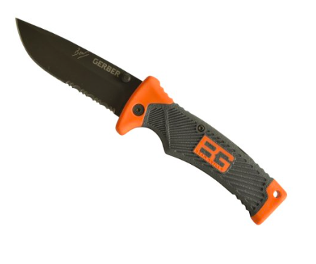 Gerber Bear Grylls Folding Sheath Knife, Serrated Edge - Serious, yet compact blade that is foldable, features: 1/2 serrated high carbon stainless steel drop point lock back blade, dual-sided thumb stud, ergonomic textured rubber grip, includes nylon sheath and 'Priorities of Survival' Bear Grylls survival guide, Overall Length: 8.5", Closed Length: 4.9", Blade Length: 3.6", Weight: 4.3-oz".