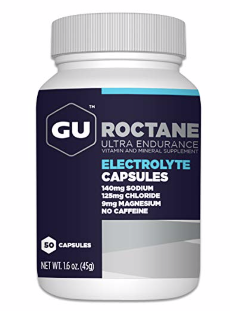 GU Roctane Electrolyte Capsules - Created to supplement additional electrolyte replacement needs, GU Roctane Electrolyte Capsules provide added electrolyte support on top of our hydration-drink products. Each bottle includes 50 capsules that are packed with electrolytes (sodium, magnesium, chloride) to aid in hydration by maintaining water balance and plasma volume. Vitamin D is important for calcium absorption and bone health. Vitamin B6 and ginger root may help to combat nausea. Take GU Roctane Electrolyte Capsules before, during, or after exercise to replenish electrolyte levels from any energy-demanding activity resulting in sweat loss.