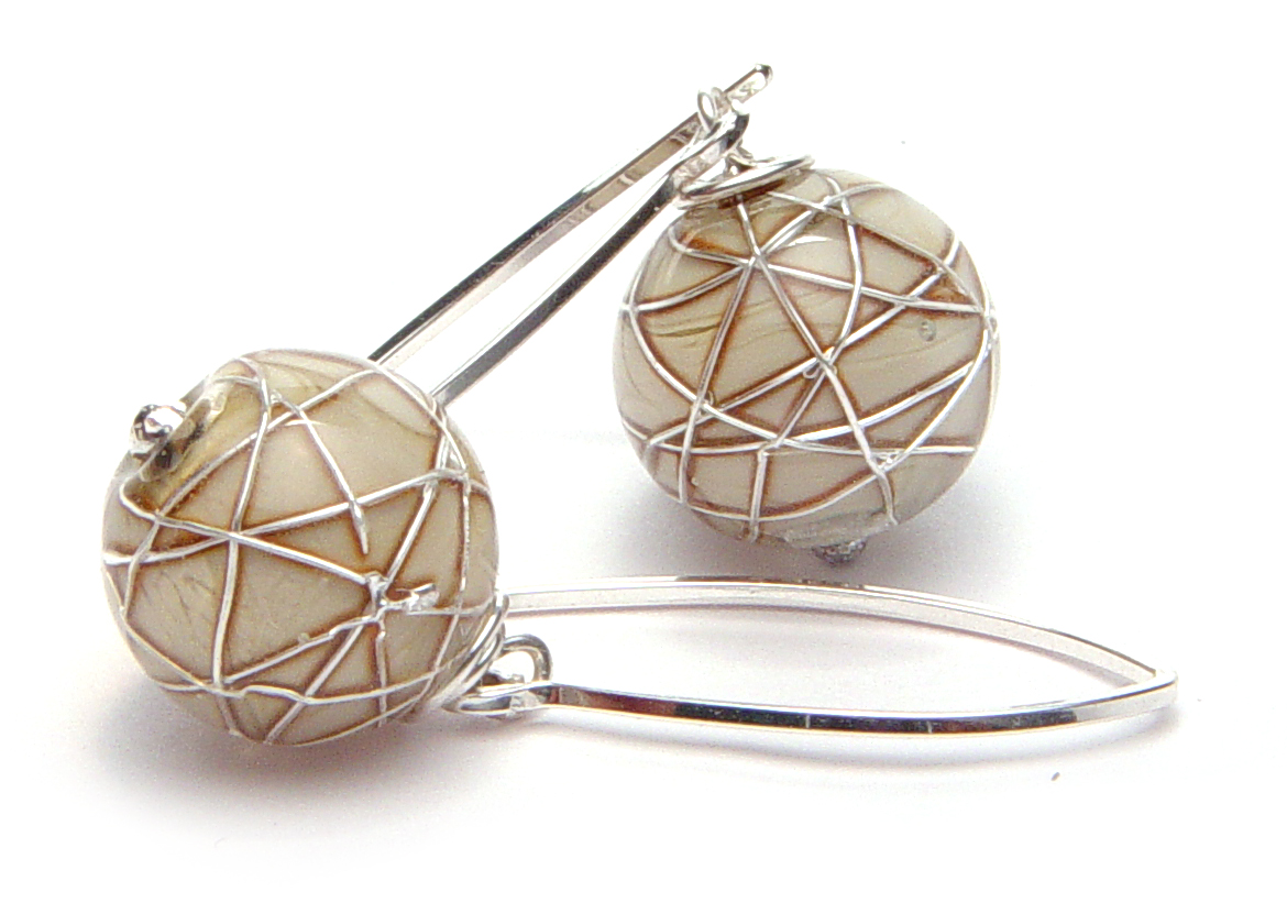 JillSymons.com Lampwork Silver Banded ENCASED Silver WireTaupe Earrings - $55