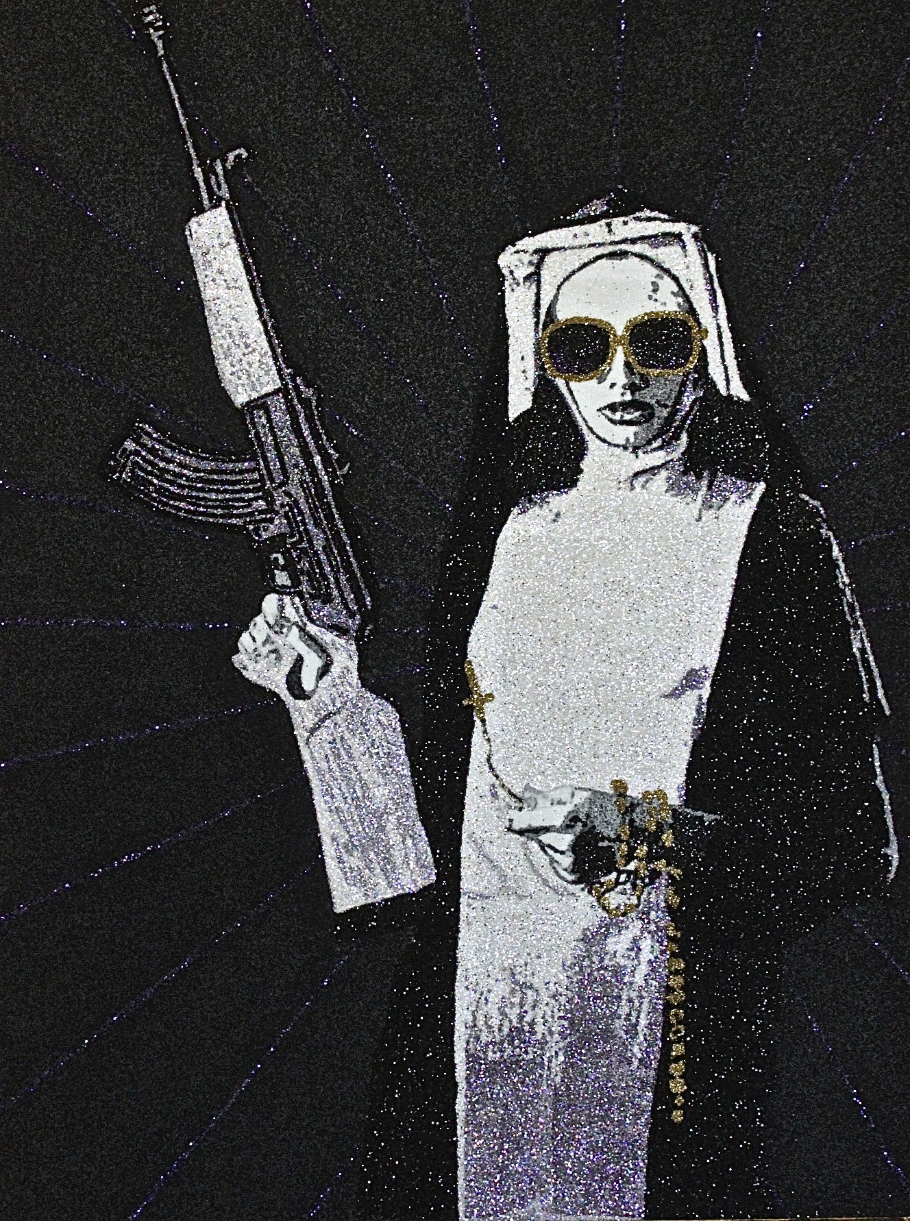  Nun With A Gun #1  glitter on plywood  36'' x 48''  SOLD   CONTACT FOR MORE INFO  