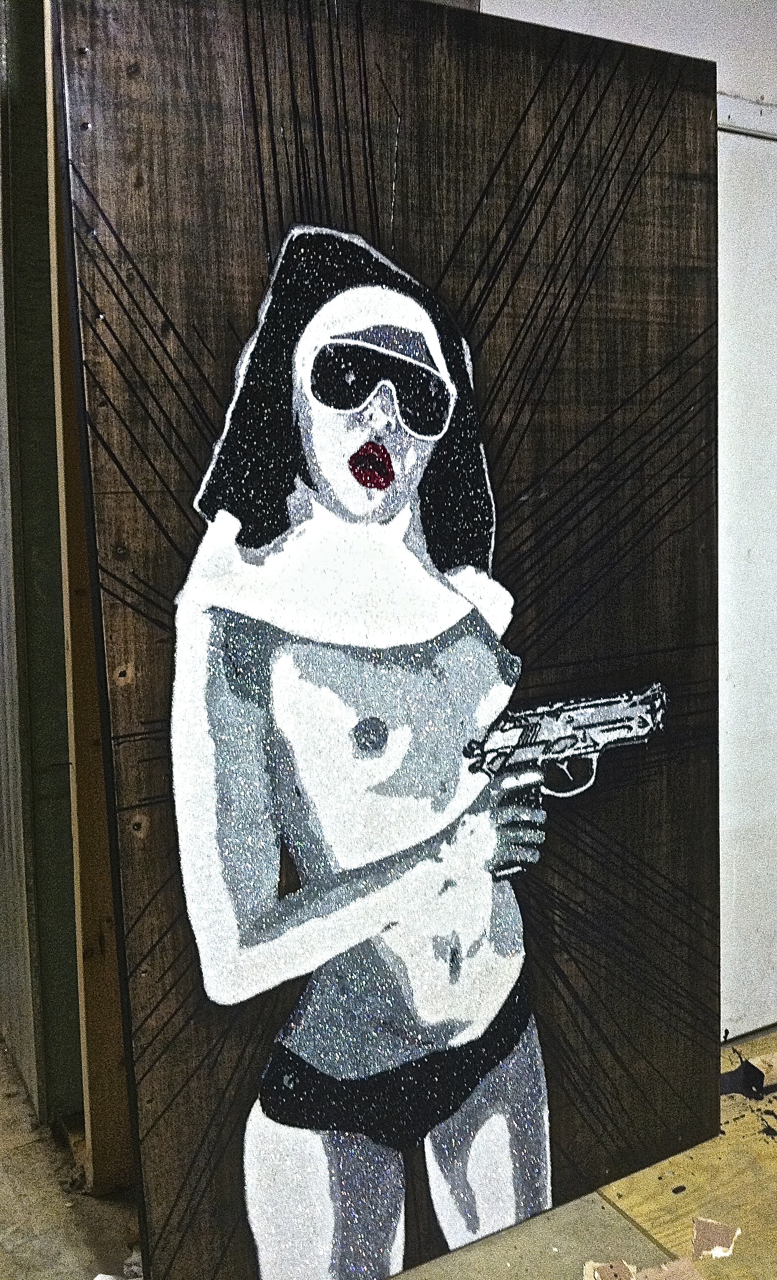  Nun With A Gun #2  glitter on plywood  48'' x 84''  SOLD   CONTACT FOR MORE INFO  