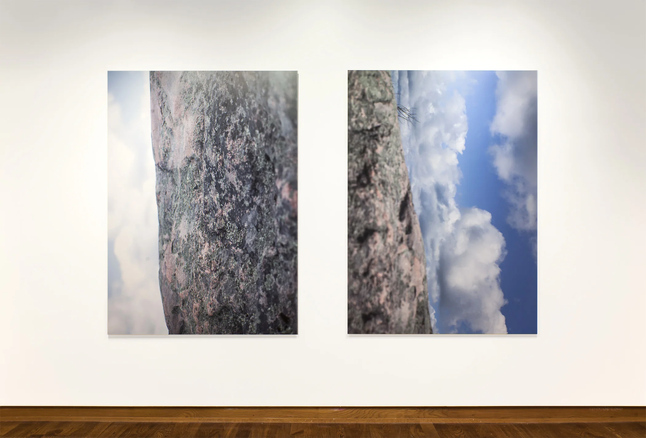 Dayscapes (#1, #2, Upended), 2013, Choromogenic Prints, 67 x 50 inches each (Photo credit: Toni Hafkenscheid) 'Captured in the clear light of day, Wright's upended 'Dayscapes' depict an uncertain topography. Distorting the angle of view and central focus of the scene, solid ground is presented as weightless pattern alongside picturesque sky'