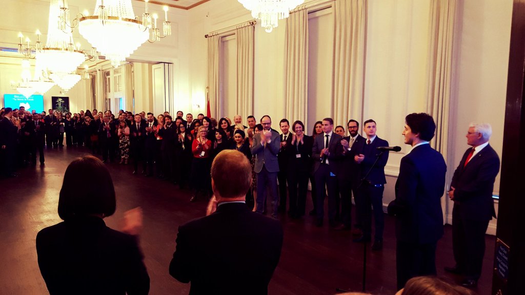 Trudeau thanks the staff at Canada House. Andrew Wright's photographic works Eastern White Pines and Go Home Bay (2011) hang permanently in the Robert Borden room.
