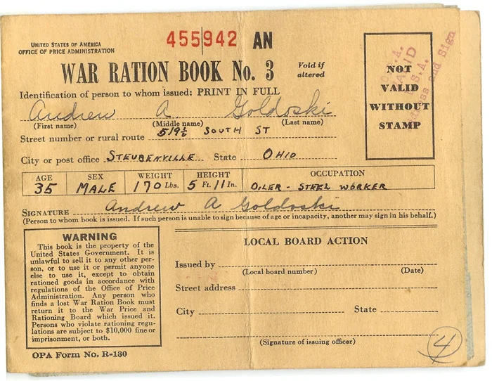 An authentic U.S. ration booklet from World War II. These instructions appeared on the back cover of the booklet: "Rationing is a vital part of the war effort. Any attempt to violate the rules is an effort to deny someone his share and will create hardship and help the enemy. Be guided by the rule: “If you don’t need it, DON’T BUY IT.”