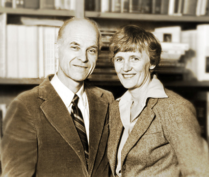 Ralph and Roberta Winter in his office at the Fuller School of World Mission, Pasadena, CA - c. 1971.