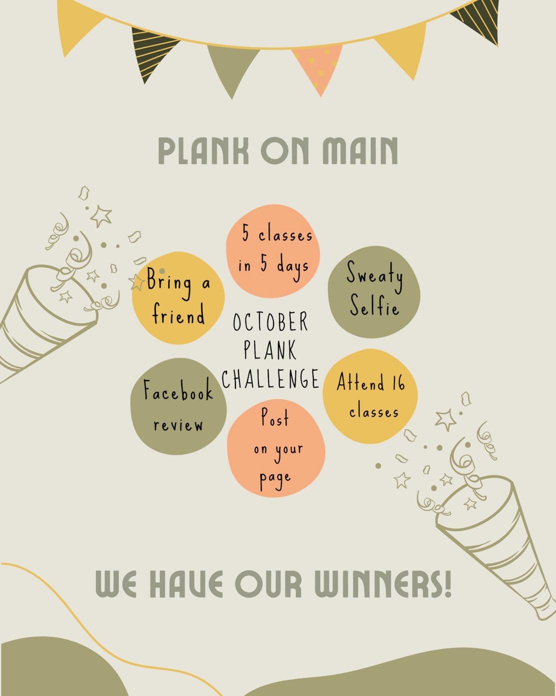 ✨ Thank you to those who participated in our October Plank challenge! You all were fabulous!✨

Congratulations to the Grand Prize winner, Susan Hampton! She&rsquo;ll be receiving an $89 Plank credit to use toward her membership! 

Second and Third Pl