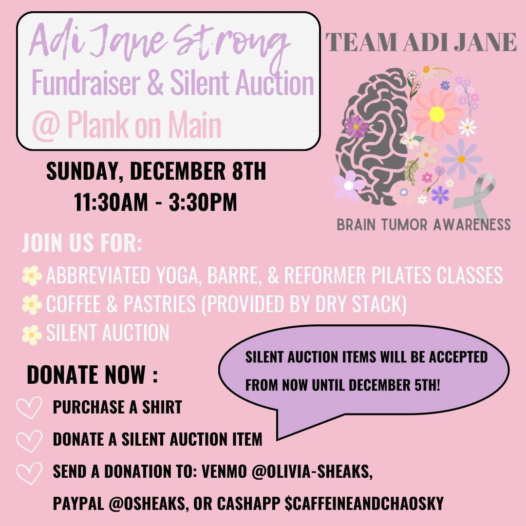 🌼 Join us Sunday, December 8th @ Plank on Main to support Adi Jane and her family. We will be hosting a silent auction and a variety of abbreviated, donation-based classes. (*Class schedule to follow). Coffee and pastries will be provided by Dry Sta