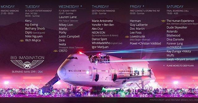 It's going to be a special burn. Here's a peek at what my 747 crew and I have lined up for this year.

Side note &ndash; I'll be DJing a couple nights on Playa including Thursday night on the 747 along with @jonofir, @ben_ben_biron, @alexcruzmusic, @