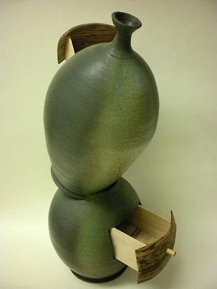 Stacked Vases with Drawers, 2010
10’’ x 11 ¾’’ x 36’’
Zebrawood veneer, Spalted Maple, Stoneware Cone 10 Oxidation, Sprayed Glazes