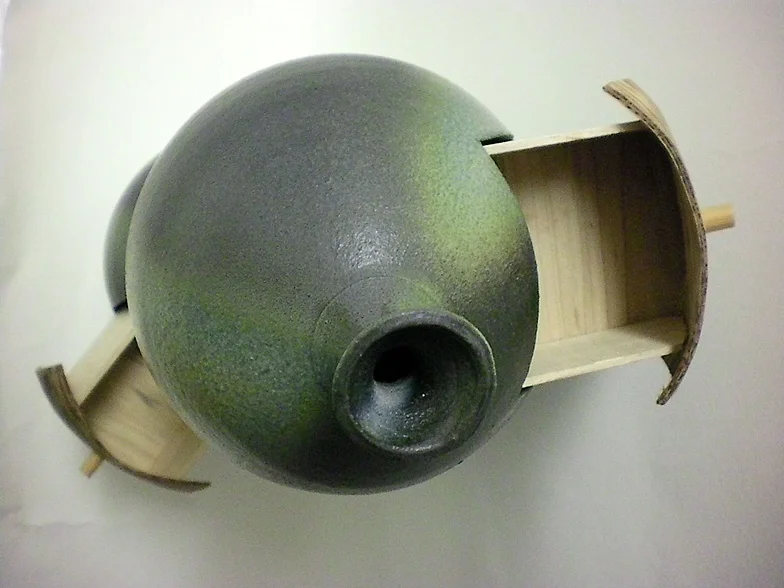 Stacked Vases with Drawers, 2010 10’’ x 11 ¾’’ x 36’’ Zebrawood veneer, Spalted Maple, Stoneware Cone 10 Oxidation, Sprayed Glazes